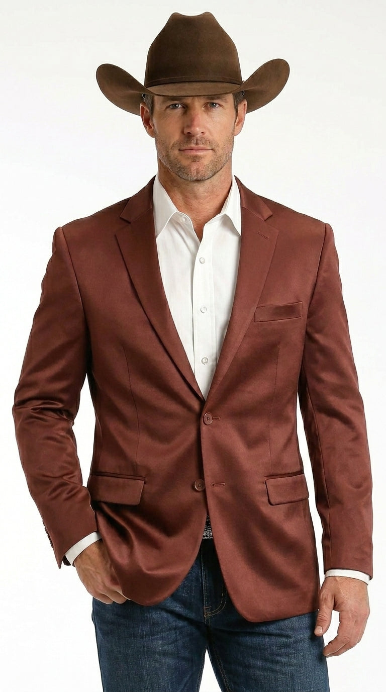 Mens Rust Light Brown Shiny Western Blazer – Cowboy Style Formal Sport Coat Jacket in Copper Color Slim Fitted - 34 Short