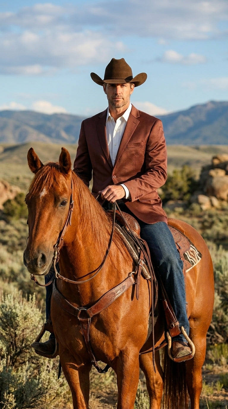 Mens Rust Light Brown Shiny Western Blazer – Cowboy Style Formal Sport Coat Jacket in Copper Color Slim Fitted - 34 Short