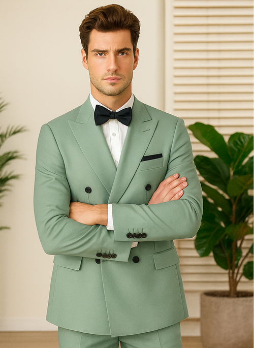 Mens Sage Green Double Breasted Suit - Mens Summer Color Light Weight Suit