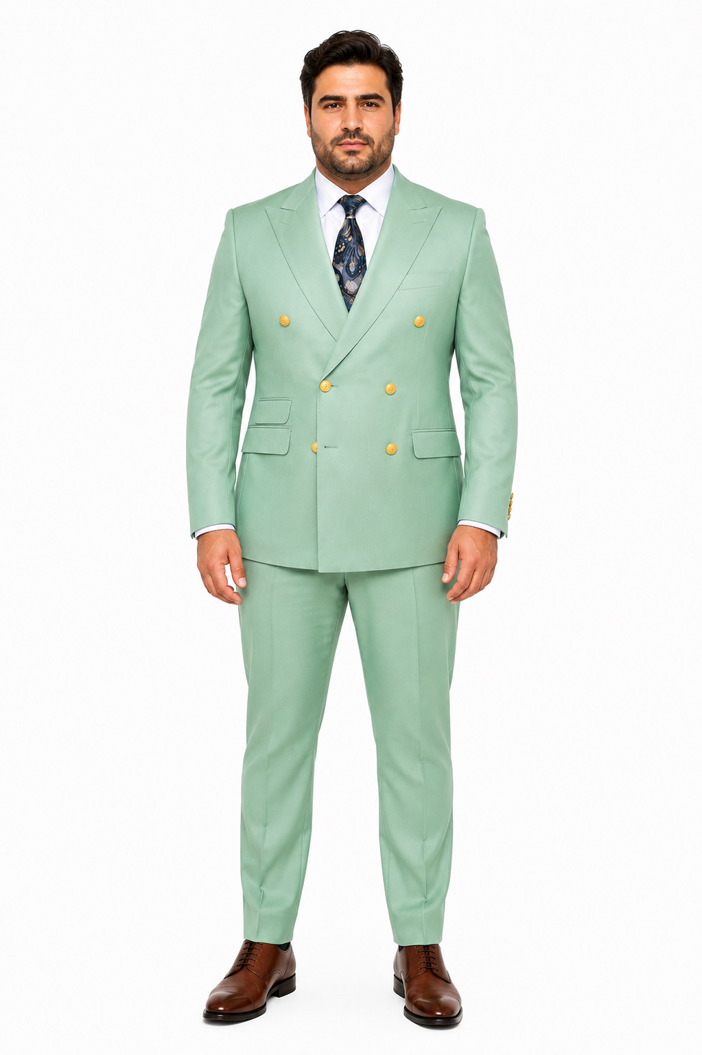 Mens Sage Green Double-Breasted Suit with Gold Buttons Formal Slim Fit 2-Piece Pistachio Color