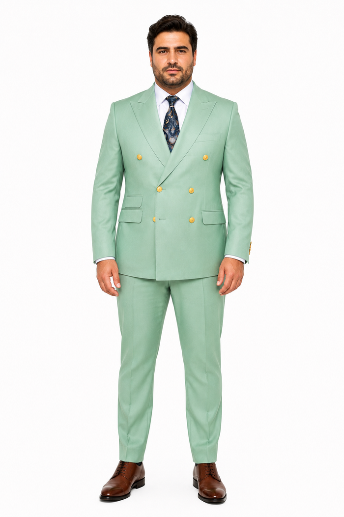 Mens Sage Green Double-Breasted Suit with Gold Buttons Formal Slim Fit 2-Piece Pistachio Color