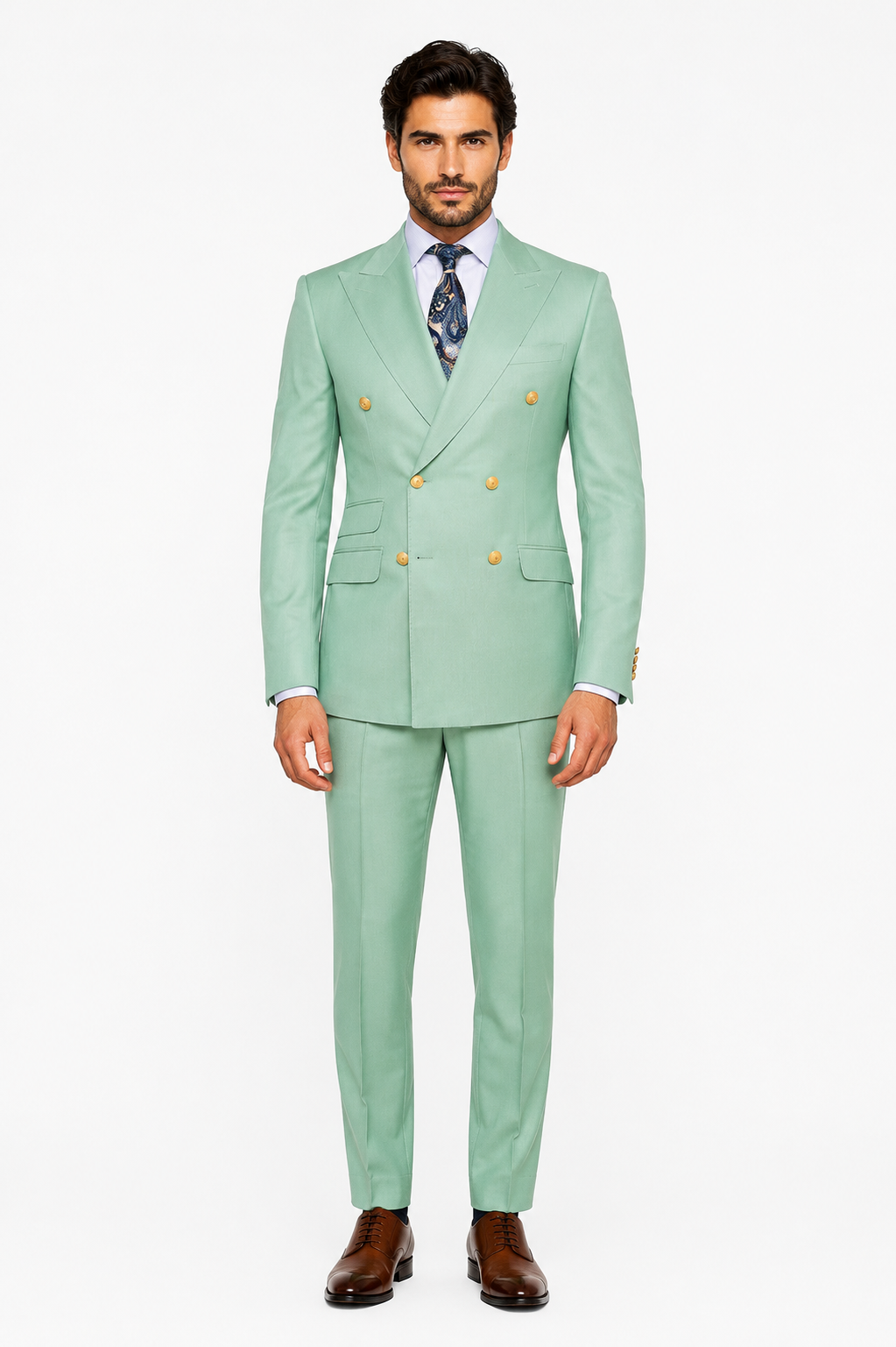 Mens Sage Green Double-Breasted Suit with Gold Buttons Formal Slim Fit 2-Piece Pistachio Color