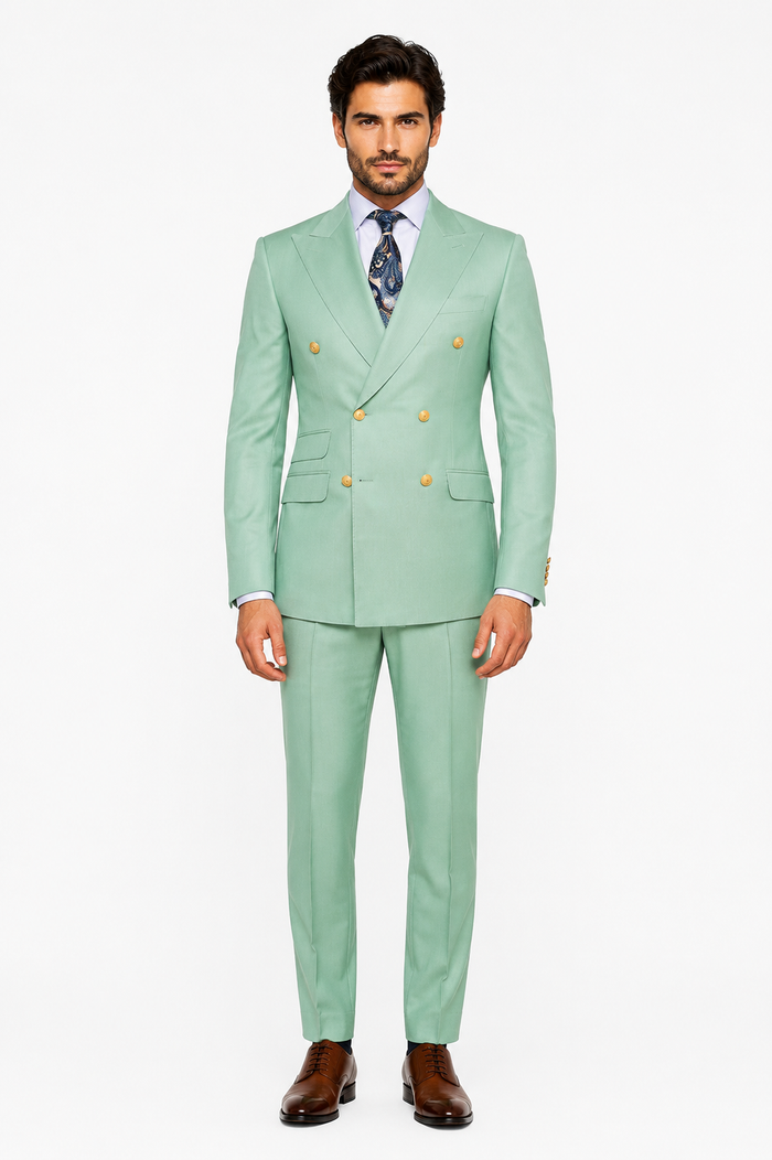Mens Sage Green Double-Breasted Suit with Gold Buttons Formal Slim Fit 2-Piece Pistachio Color