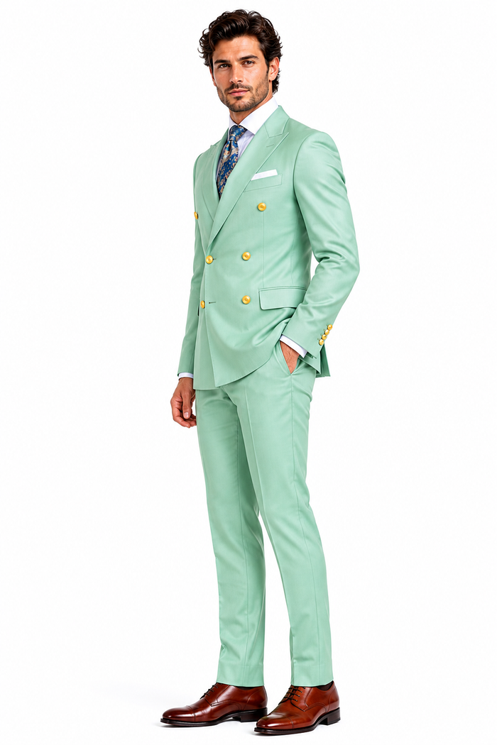 Mens Sage Green Double-Breasted Suit with Gold Buttons Formal Slim Fit 2-Piece Pistachio Color