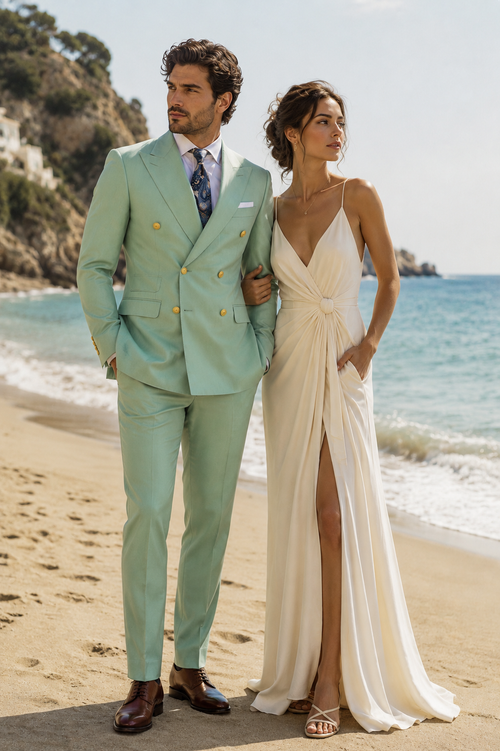 Mens Sage Green Double-Breasted Suit with Gold Buttons Formal Slim Fit 2-Piece Pistachio Color