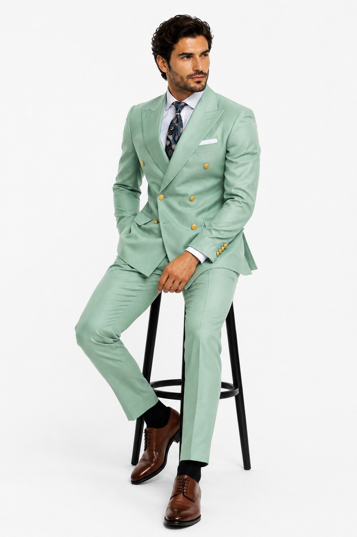 Mens Sage Green Double-Breasted Suit with Gold Buttons Formal Slim Fit 2-Piece Pistachio Color