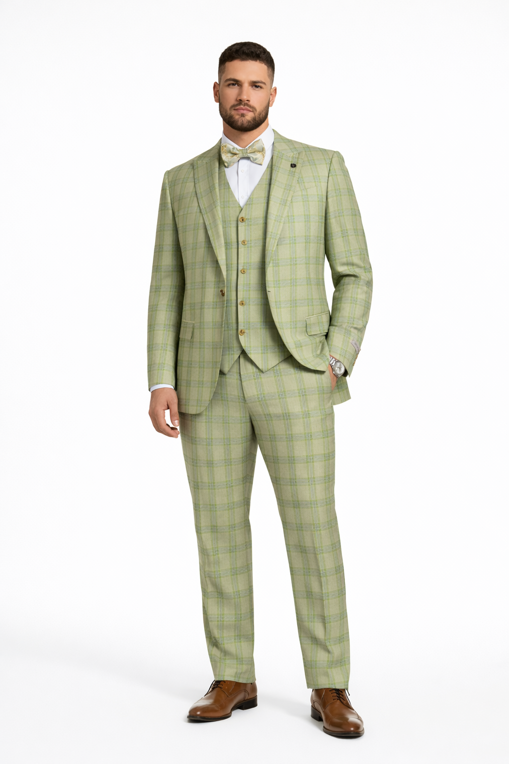 "Mens Stacy Adams Suit - Stacy Adams Men's Plaid Suit with Paisley Vest & Bow Tie - Sage Green" - Default Title