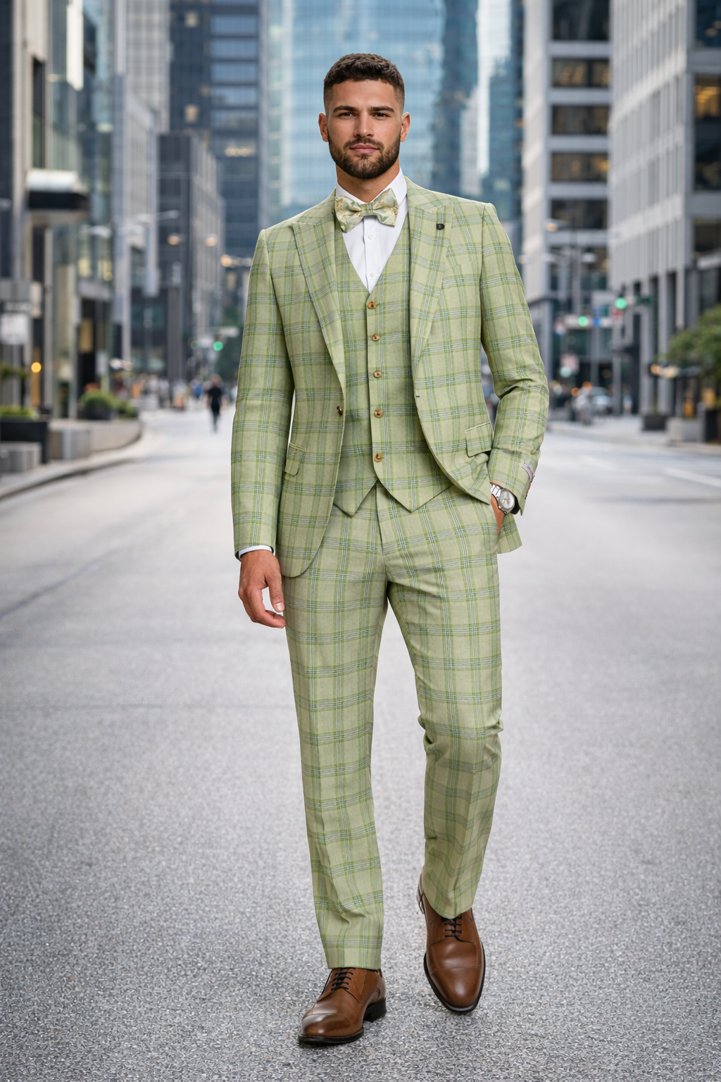 "Mens Stacy Adams Suit - Stacy Adams Men's Plaid Suit with Paisley Vest & Bow Tie - Sage Green" - Default Title