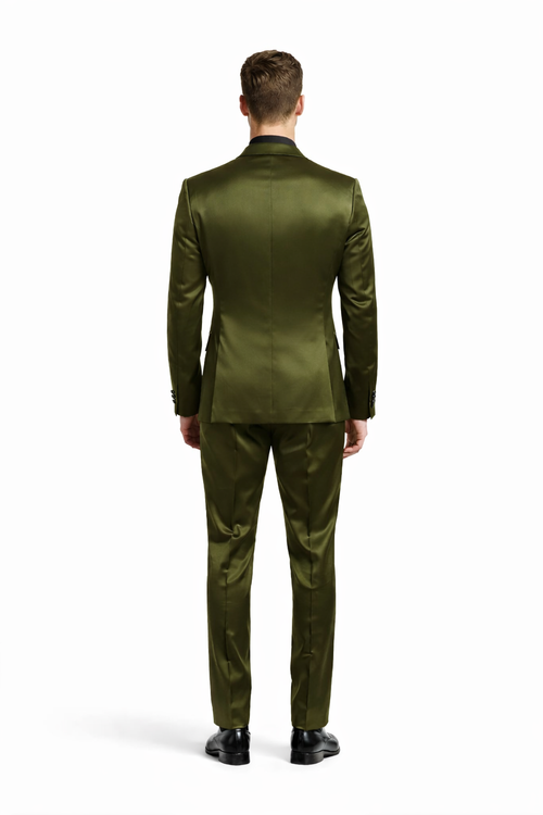 Mens Shiny Blazer - Olive Green Sateen Vested Suit-New Designer Collection