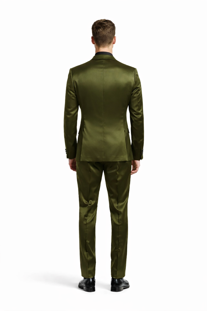 Mens Shiny Blazer - Olive Green Sateen Vested Suit-New Designer Collection