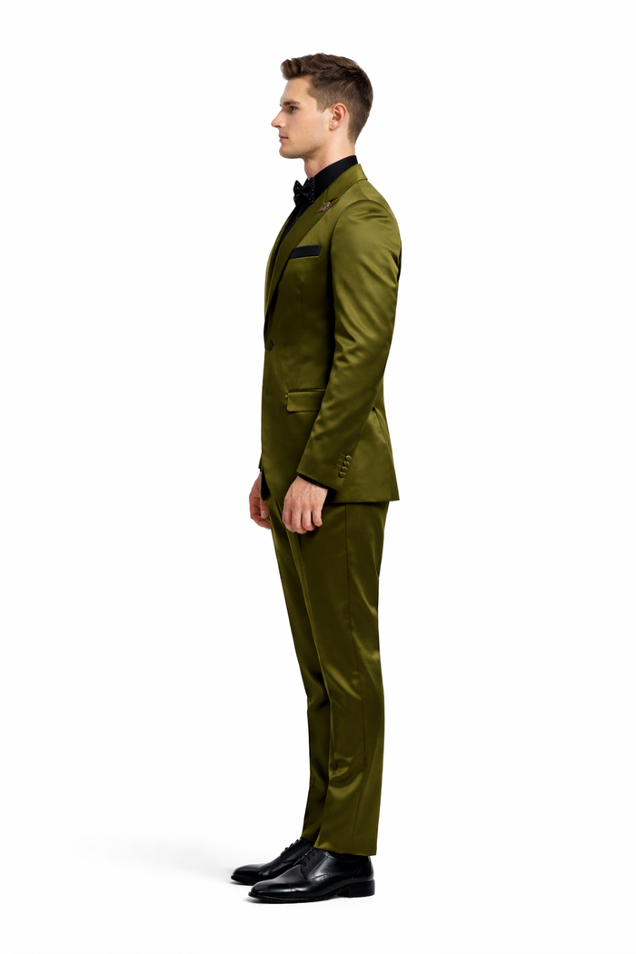 Mens Shiny Blazer - Olive Green Sateen Vested Suit-New Designer Collection