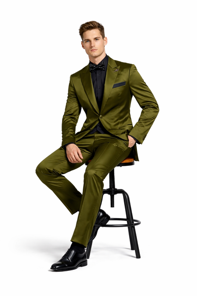 Mens Shiny Blazer - Olive Green Sateen Vested Suit-New Designer Collection