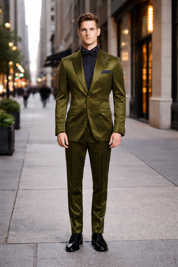 Mens Shiny Blazer - Olive Green Sateen Vested Suit-New Designer Collection