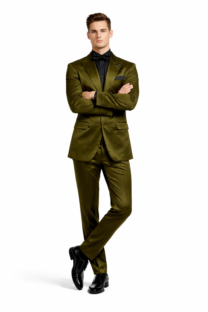 Mens Shiny Blazer - Olive Green Sateen Vested Suit-New Designer Collection