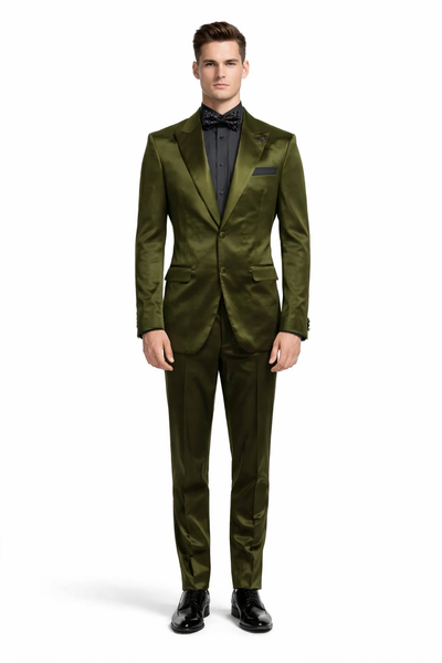 Mens Shiny Blazer - Olive Green Sateen Vested Suit-New Designer Collection