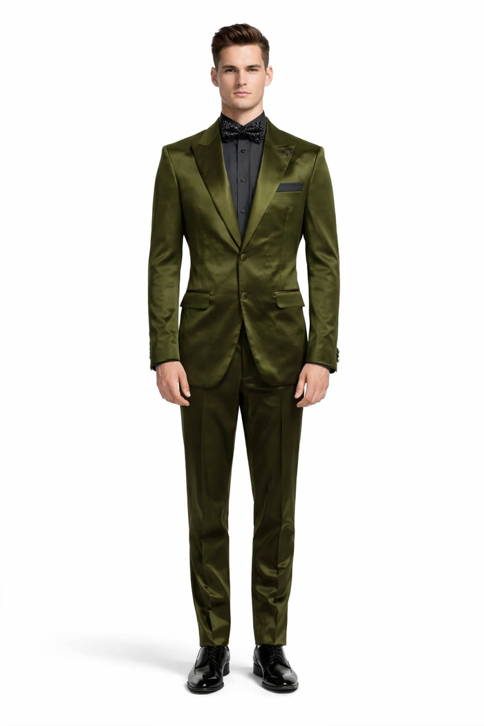 Mens Shiny Blazer - Olive Green Sateen Vested Suit-New Designer Collection