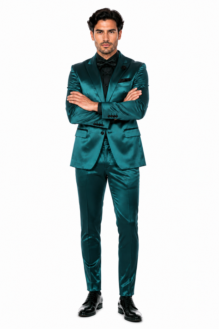 Mens Shiny Blazer - Teal Blue Sateen Vested Suit