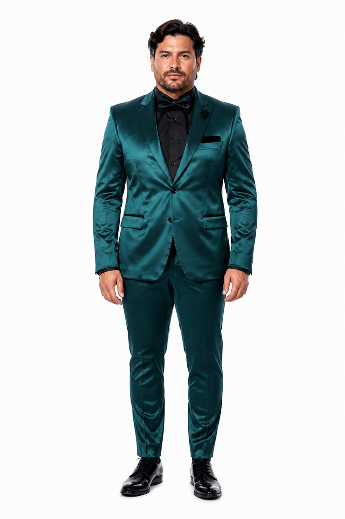 Mens Shiny Blazer - Teal Blue Sateen Vested Suit