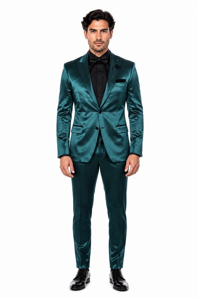 Mens Shiny Blazer - Teal Blue Sateen Vested Suit