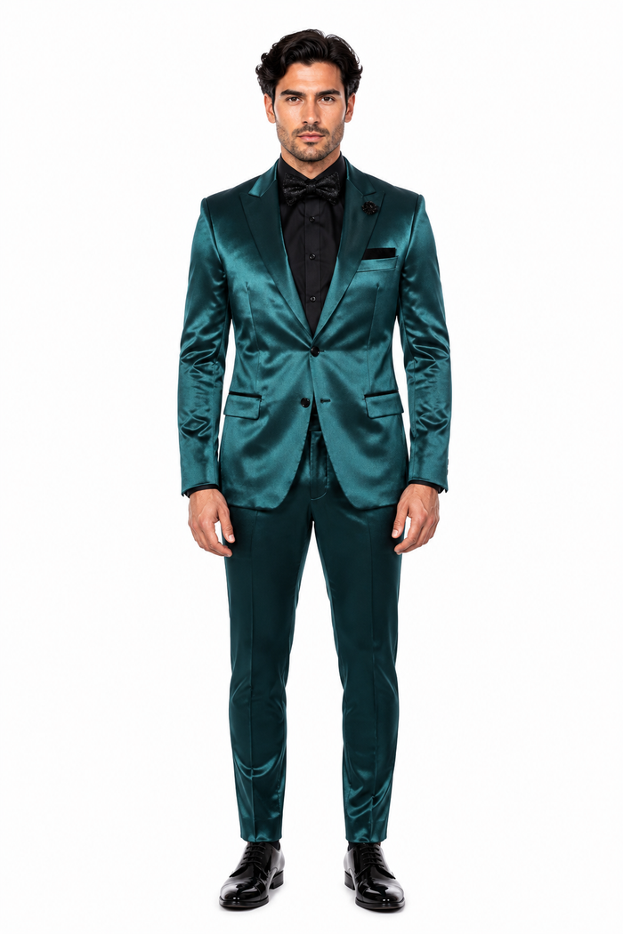 Mens Shiny Blazer - Teal Blue Sateen Vested Suit