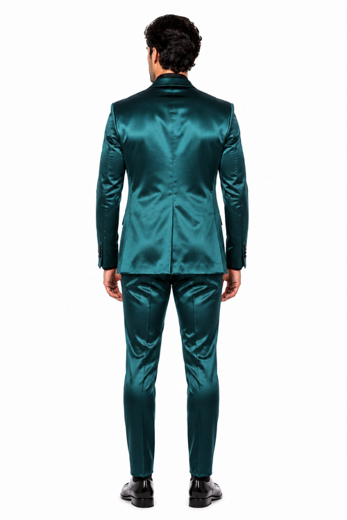 Mens Shiny Blazer - Teal Blue Sateen Vested Suit