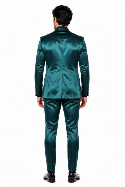Mens Shiny Blazer - Teal Blue Sateen Vested Suit