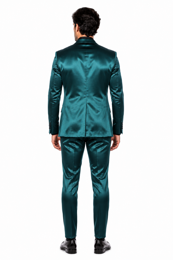 Mens Shiny Blazer - Teal Blue Sateen Vested Suit