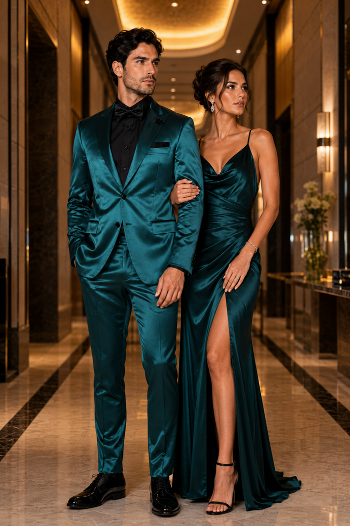 Mens Shiny Blazer - Teal Blue Sateen Vested Suit