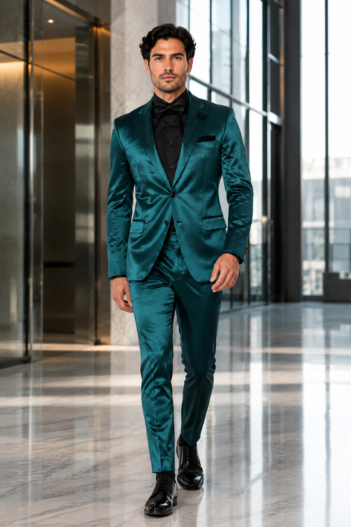 Mens Shiny Blazer - Teal Blue Sateen Vested Suit