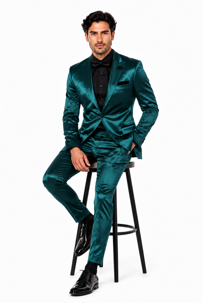 Mens Shiny Blazer - Teal Blue Sateen Vested Suit
