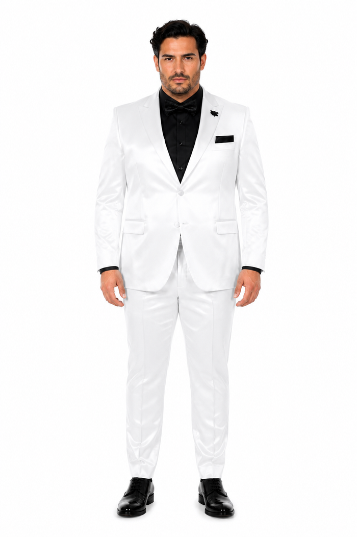 Mens Shiny Blazer - White Sateen Vested Suit