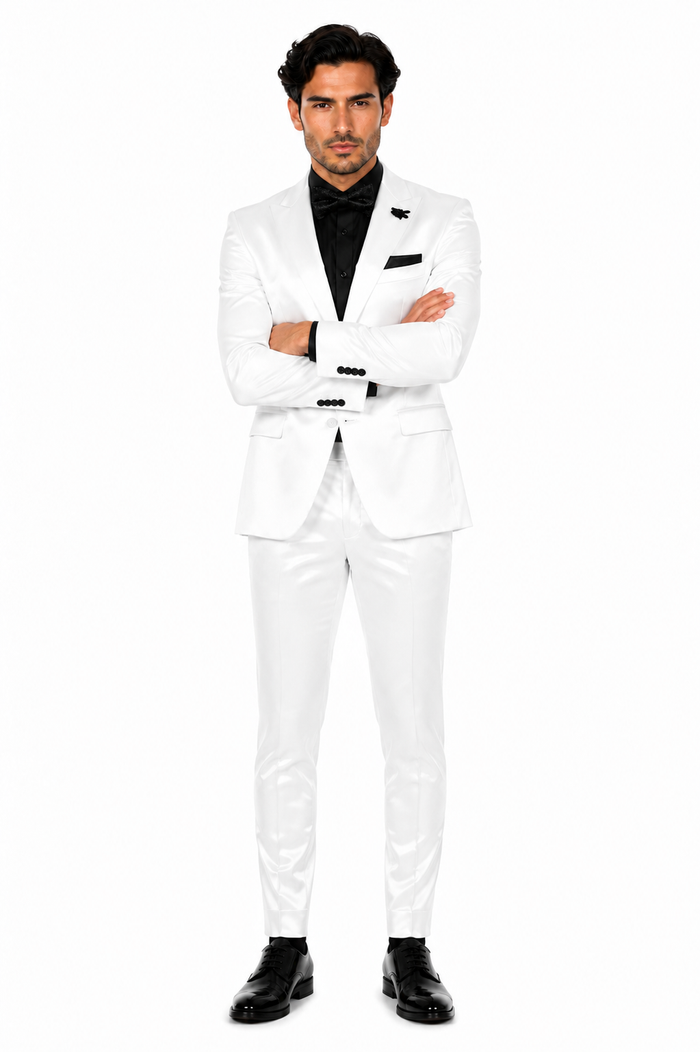 Mens Shiny Blazer - White Sateen Vested Suit