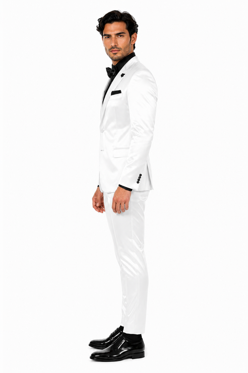 Mens Shiny Blazer - White Sateen Vested Suit