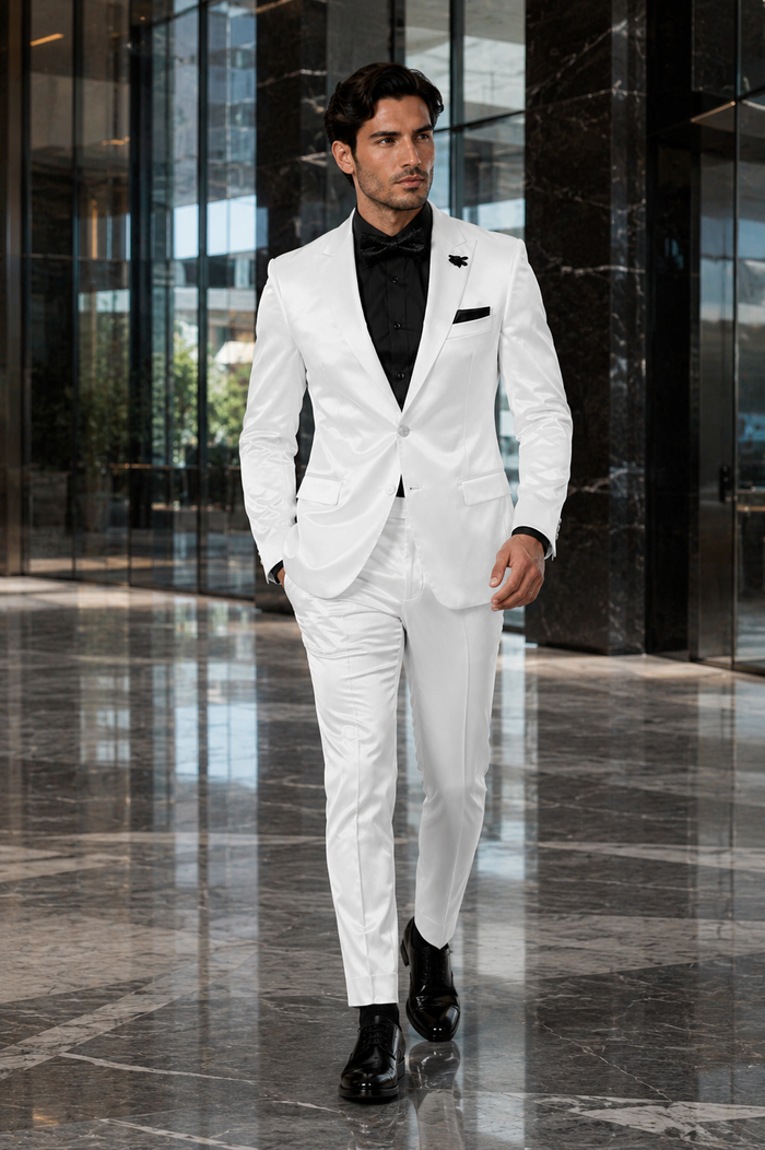 Mens Shiny Blazer - White Sateen Vested Suit
