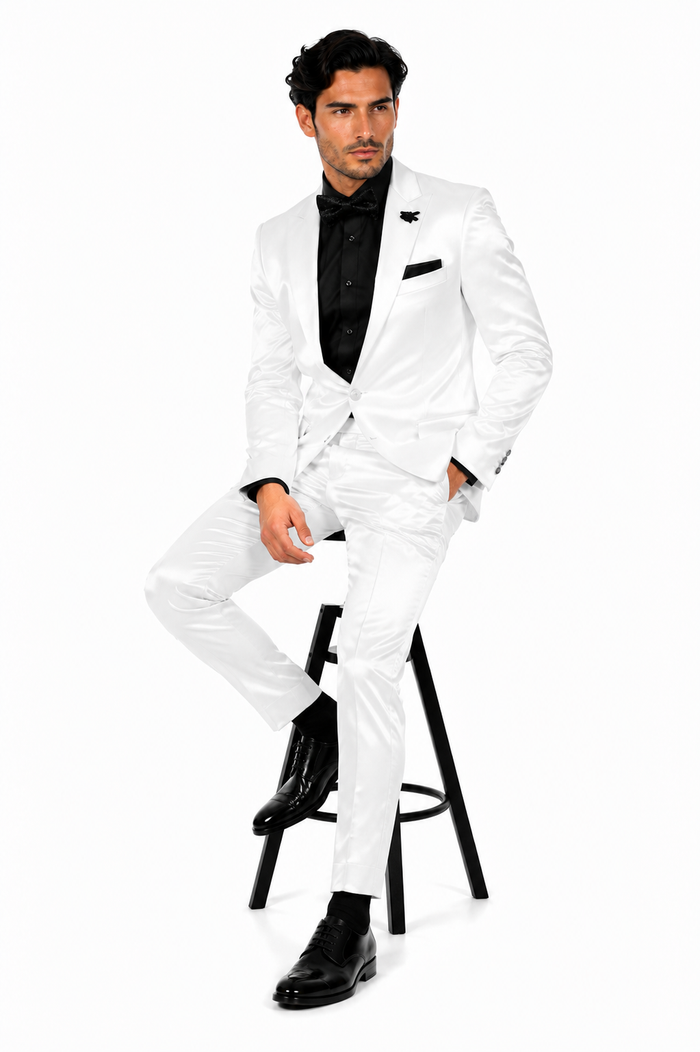 Mens Shiny Blazer - White Sateen Vested Suit
