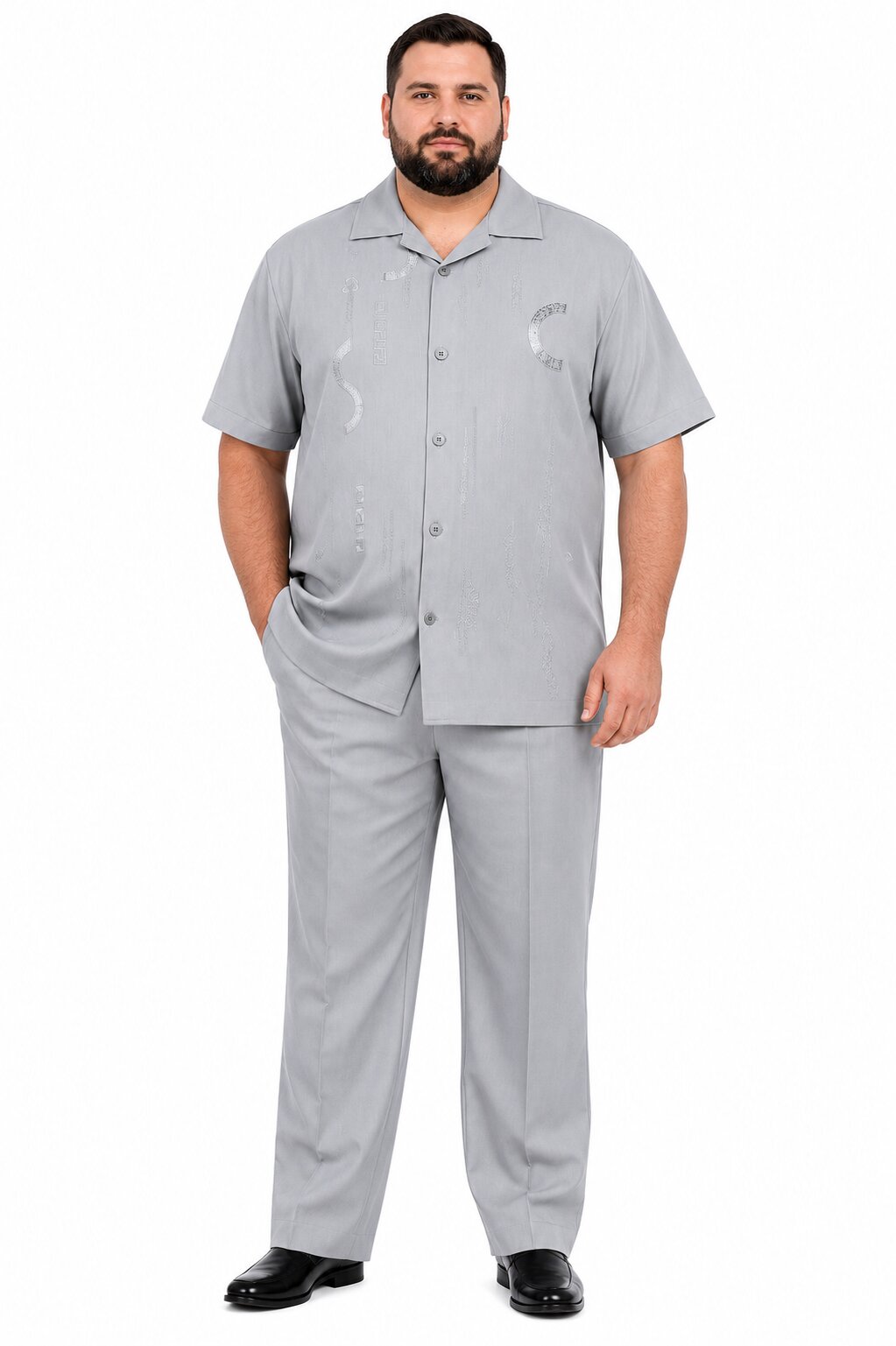 Men’s Light Gray Embroidered Walking Suit Set – 2 Piece Short Sleeve Casual Outfit - S