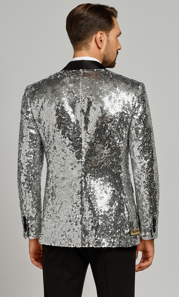 Mens Silver Sequin Tuxedo Jacket Stylish Satin Lapel Event Wear