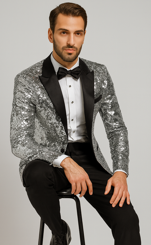 Mens Silver Sequin Tuxedo Jacket Stylish Satin Lapel Event Wear