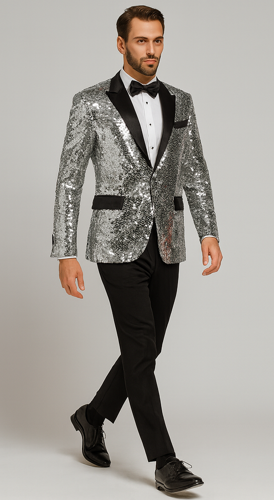 Mens Silver Sequin Tuxedo Jacket Stylish Satin Lapel Event Wear