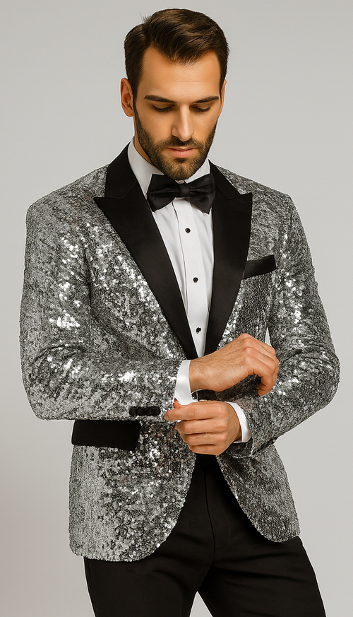 Mens Silver Sequin Tuxedo Jacket Stylish Satin Lapel Event Wear