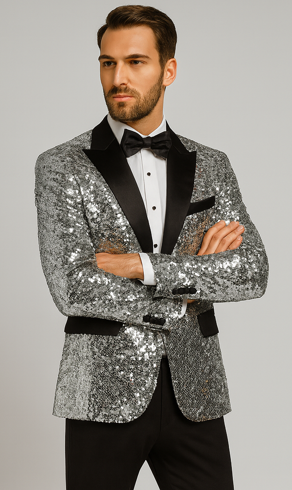 Mens Silver Sequin Tuxedo Jacket Stylish Satin Lapel Event Wear
