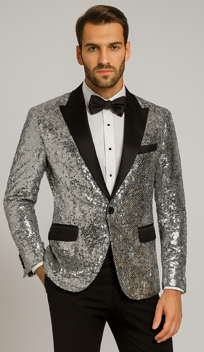 Mens Silver Sequin Tuxedo Jacket Stylish Satin Lapel Event Wear