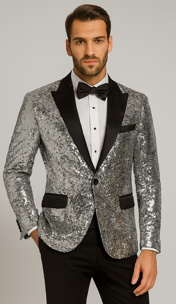 Mens Silver Sequin Tuxedo Jacket Stylish Satin Lapel Event Wear