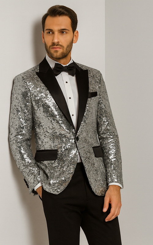Mens Silver Sequin Tuxedo Jacket Stylish Satin Lapel Event Wear
