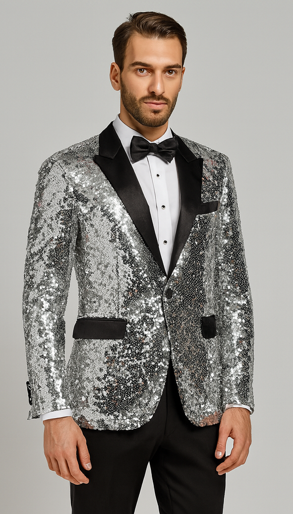 Mens Silver Sequin Tuxedo Jacket Stylish Satin Lapel Event Wear