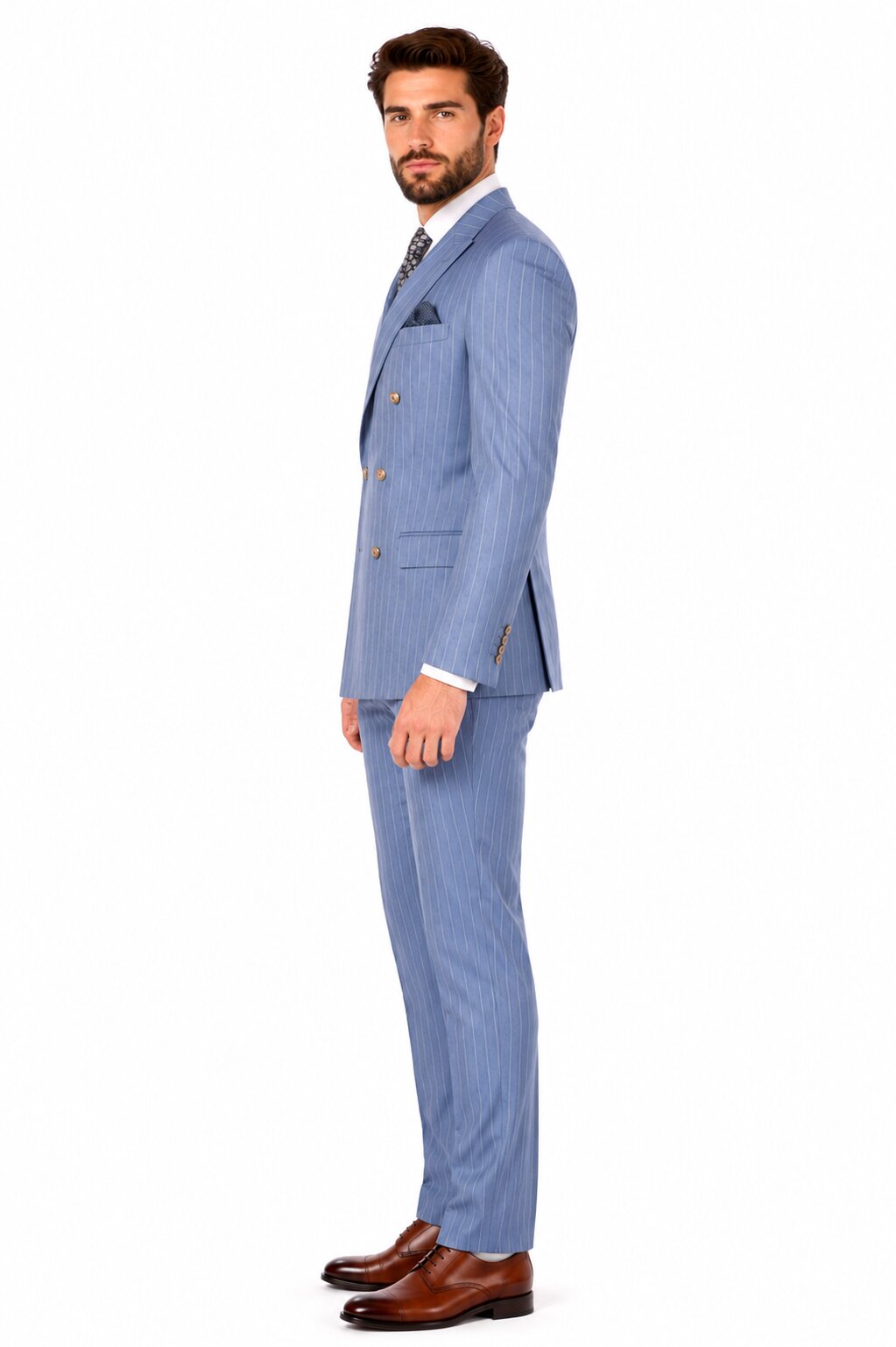 Sky Blue Stripe - Double Breasted Pinstripe Suit-New Designer Collection - 38 Short Jacket+32 Waist Adjustable 28to34)(Height: 5 4 to5 7 )(Neck  15-16.5)S-M)