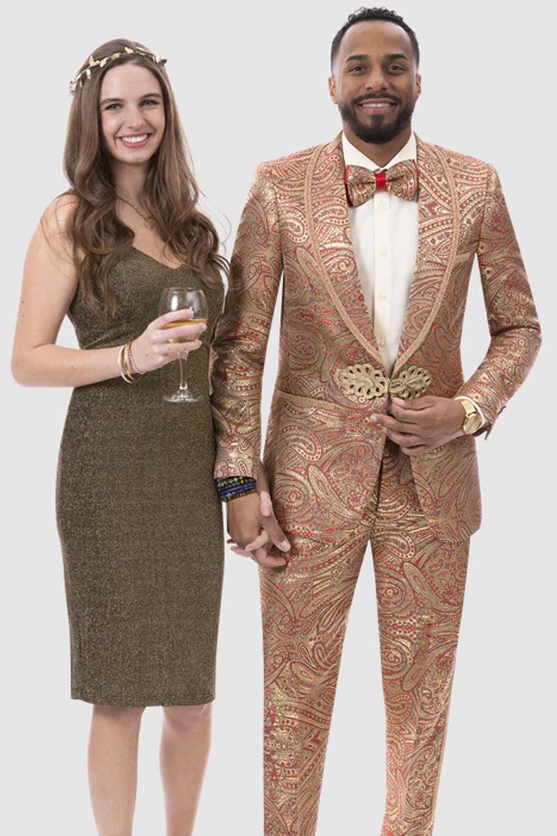 "Mens Slim-Fit Burgundy Paisley Tuxedo w/ Gold Trim by EJ Samuel" - Burgundy / Gold