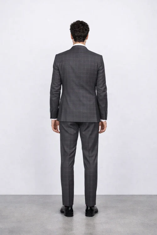 Mens Slim Fit Charcoal Plaid Suit by Rossiman Rossi 1-Button Jacket & Tapered Pants