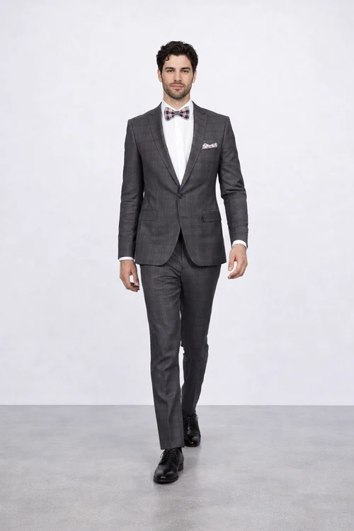 Mens Slim Fit Charcoal Plaid Suit by Rossiman Rossi 1-Button Jacket & Tapered Pants