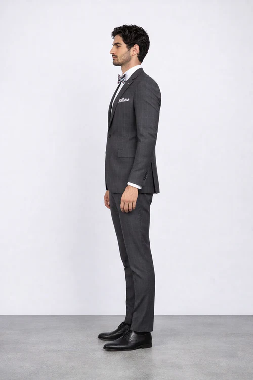 Mens Slim Fit Charcoal Plaid Suit by Rossiman Rossi 1-Button Jacket & Tapered Pants